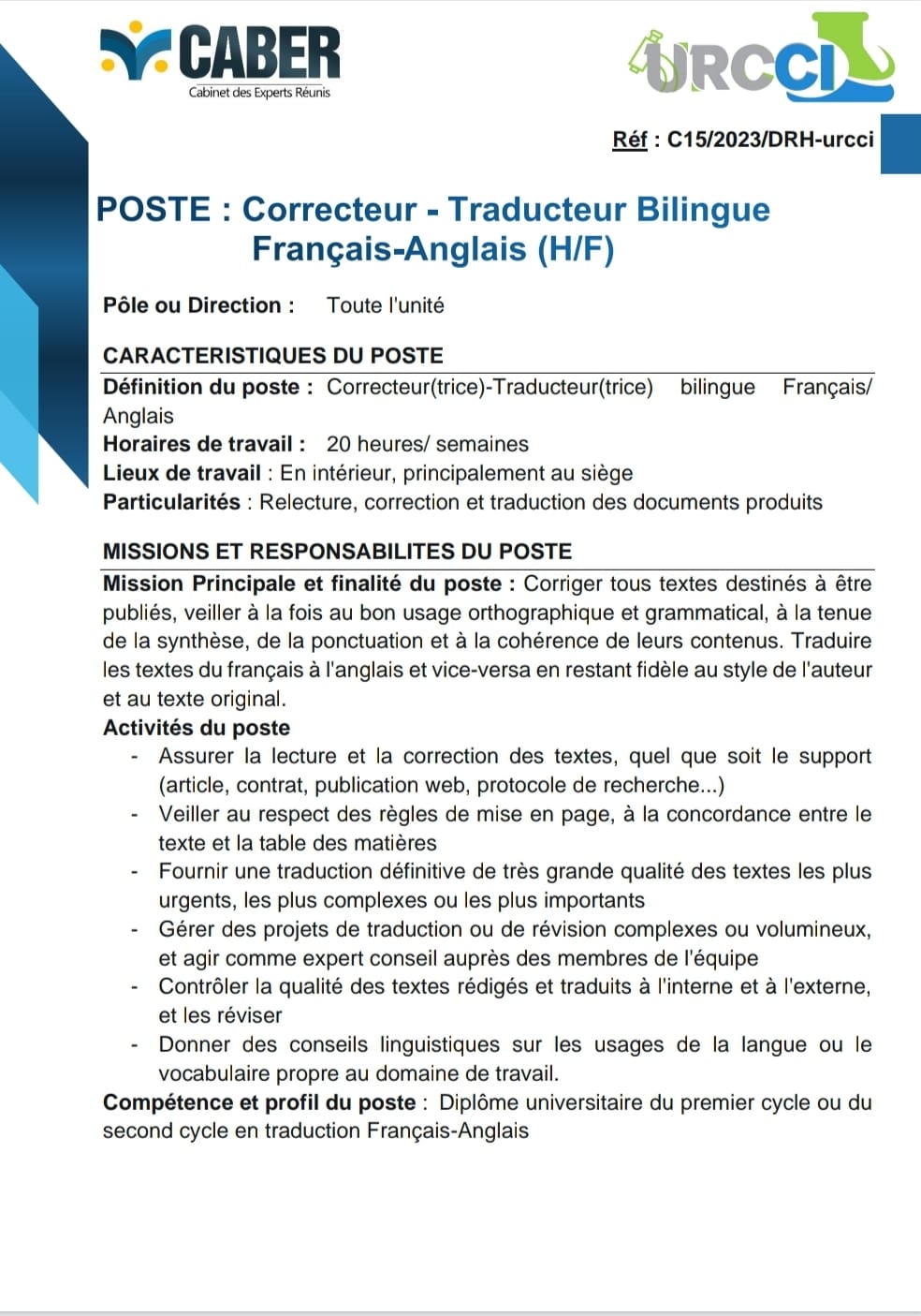 CORRECTEUR TRADUCTEUR BILINGUE FRANÇAIS-ANGLAIS (H/F)